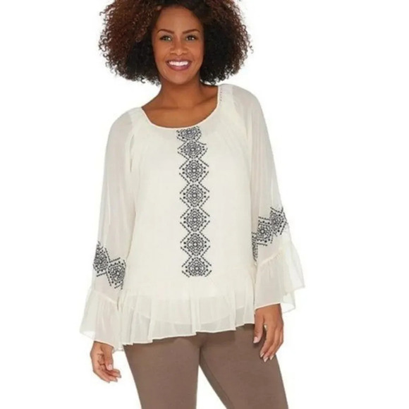 Laurie Felt Ivory Cream Embroidered Peplum Boho Long Sleeves M - Picture 1 of 6